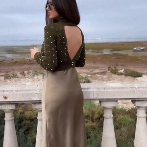 Zara Green Open Back Knit Sweater w/ Pearl Small Holiday Elegant‎ Fun